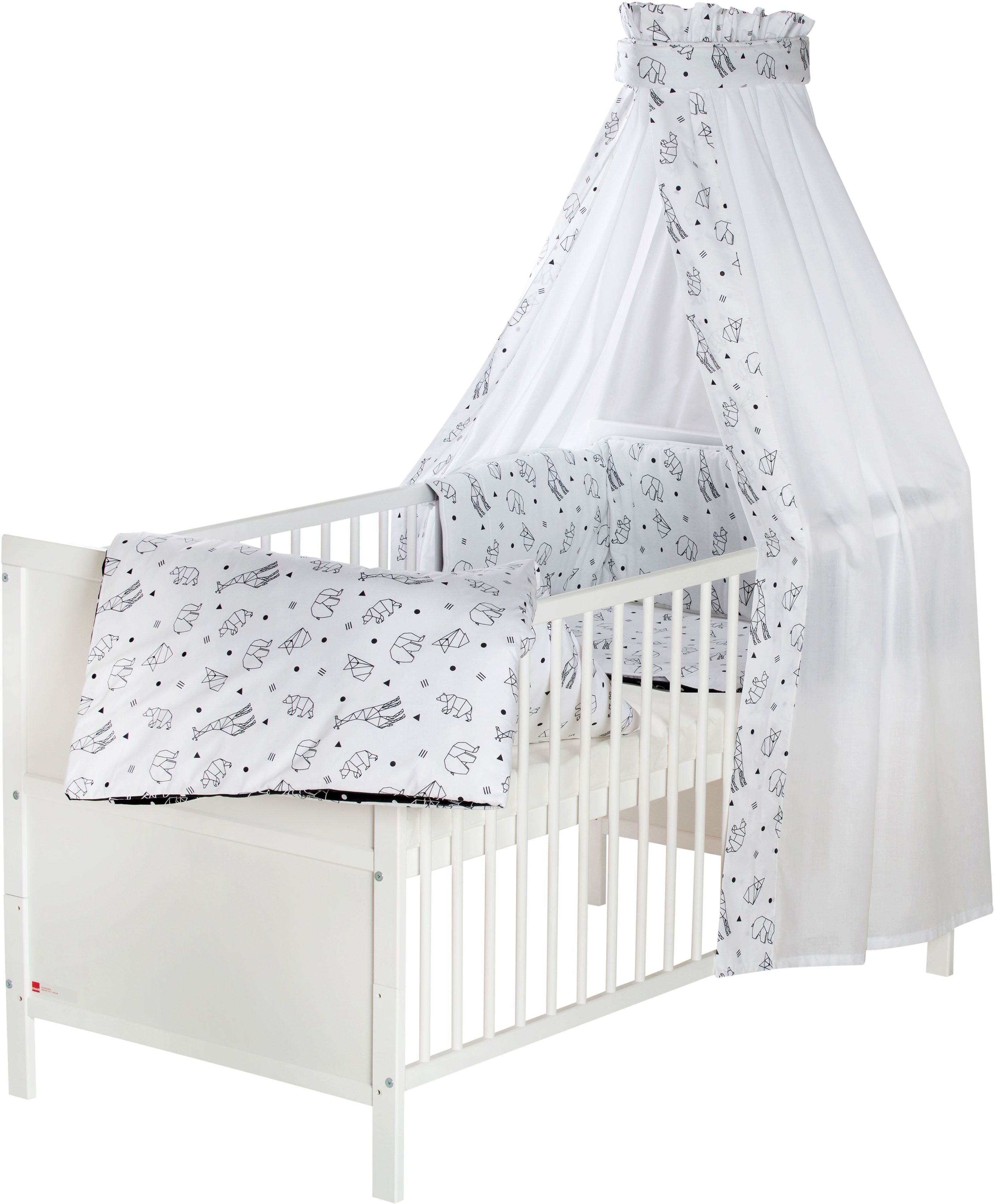 Schardt Babybett »Lenny, Origami Black«, mit Bettwäsche, Nestchen, Himmel,... weiss