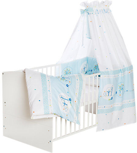 Schardt Komplettbett Classic Line White inkl. 4-teiligem Bettset Birdy hellblau, Matratze, Himmelstange und Umbaukit, Buche massiv, weiß lackiert, 70x140 cm