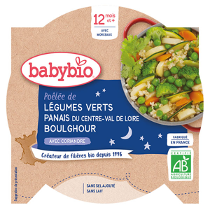 Babybio Repas Soir Assiette Légumes Verts Panais Boulghour +12m Bio 230g - Publicité