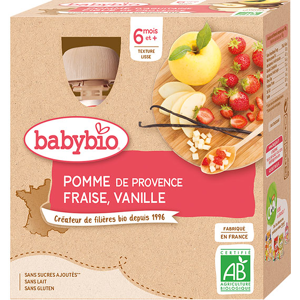 Babybio Fruits Gourde Pomme Fraise Vanille +6m Bio 4 x 90g - Publicité