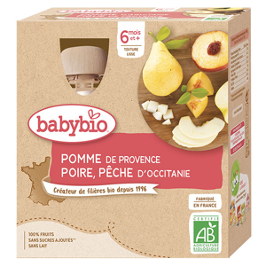 Babybio Fruits Gourde Pomme Poire Pêche +6m Bio 4 x 90g - Publicité