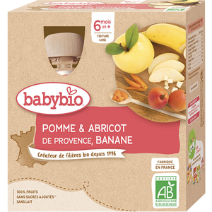 Babybio Fruits Gourde Pomme Abricot Banane +6m Bio 4 x 90g - Publicité