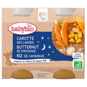 Babybio Repas Soir Pot Carotte Butternut Riz +6m Bio 2 x 200g - Publicité