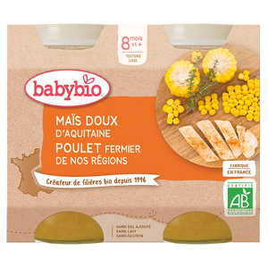 Babybio Repas Midi Pot Maïs Doux Poulet +8m Bio 2 x 200g - Publicité