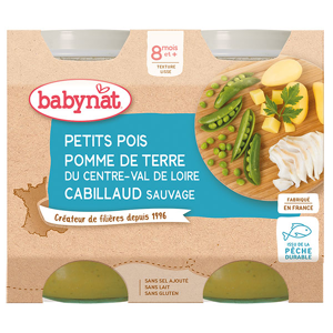 Babybio Repas Midi Pot Petits Pois Pomme de Terre Cabillaud Sauvage +8m Bio 2 x 200g - Publicité