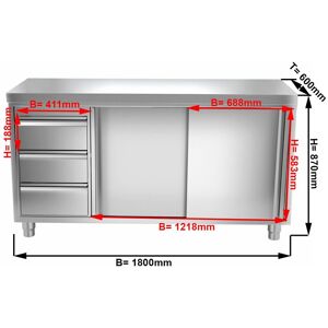 GGM Gastro - Armoire de travail inox PREMIUM - 1800x600mm - avec 3 tiroirs a gauche sans rebord