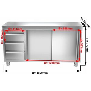 GGM Gastro - Armoire de travail inox PREMIUM - 1800x700mm - avec 3 tiroirs a gauche sans rebord