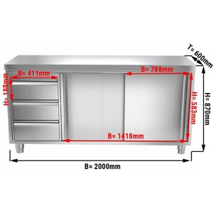 GGM Gastro - Armoire de travail inox PREMIUM - 2000x600mm - avec 3 tiroirs a gauche sans rebord