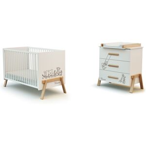 Chambre bébé lit et commode à langer en bois canaille Winnie Blanc et Hêtre - Blanc et Hêtre - AT4 - Publicité