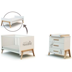 Chambre bébé lit et commode à langer en bois canaille Winnie Blanc et Hêtre Verni - Blanc et Hêtre Verni - AT4 - Publicité