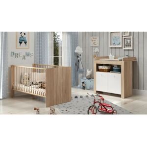 Chambre bébé duo pia - Lit 70x140 cm + Commode a langer 2 portes - Décor chene sonoma et blanc mat Trendteam - Publicité