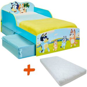 BEBEGAVROCHE Lit enfant Bluey - motif Bluey Bingo Chilli et Bandit au parc – avec 2 bacs de rangement en tissus + matelas 70x140cm - Publicité