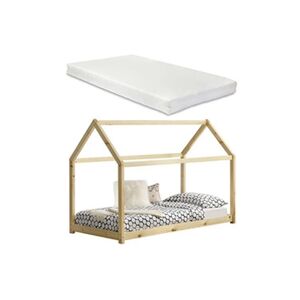 Premium XL Lit Cabane Forme Maison Netstal avec Matelas Mousse à Froid 200 x 90 cm Naturel [en.casa] - Publicité