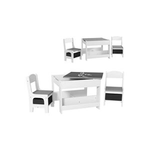 HOMCOM Ensemble table et chaises enfant - 3 pcs - plateau table réversible tableau noir - rangements - étagère - blanc gris - Publicité