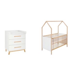 Ensemble lit cabane enfant commode à langer Venice bois 70x140 cm