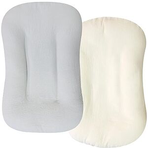 Hooyax Lot de 2 housses de chaise longue en mousseline de coton bio amovible pour nouveau-né, housse de siège de sol rembourrée pour garçons et filles (gris crème/blanc) - Publicité