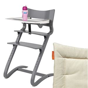 Leander Chaise haute grise avec arceau de sécurité, table, gobelet BFree et coussin d'assise Vanille - Publicité