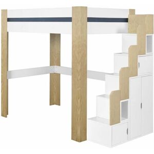 Akiten Retail Pack Lit Mezzanine Avec Escalier, Bureau Et Matelas Alex Blanc Et Bois 90x190 Cm Blanc TU - Publicité