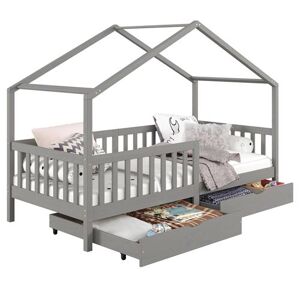 Non communiqué Lit cabane ELEA lit enfant simple montessori 90 x 200 cm, avec 2 tiroirs de rangement, en pin massif lasuré gris Gris - Publicité