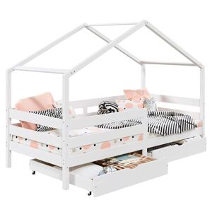Non communiqué Lit cabane ENA lit enfant simple montessori 90 x 200 cm, avec 2 tiroirs de rangement, en pin massif lasuré blanc Blanc - Publicité