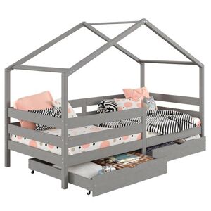 Non communiqué Lit cabane ENA lit enfant simple montessori 90 x 200 cm, avec 2 tiroirs de rangement, en pin massif lasuré gris Gris - Publicité