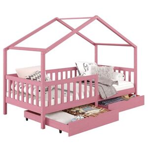 Non communiqué Lit cabane ELEA lit enfant simple montessori 90 x 200 cm, avec 2 tiroirs de rangement, en pin massif lasuré rose Rose - Publicité