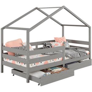 Non communiqué Lit cabane ENA lit enfant simple montessori 90 x 190 cm, avec 2 tiroirs de rangement, en pin massif lasuré gris Gris - Publicité