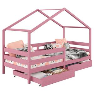 Non communiqué Lit cabane ENA lit enfant simple montessori 90 x 190 cm, avec 2 tiroirs de rangement, en pin massif lasuré rose Rose - Publicité