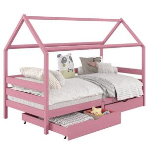 Non communiqué Lit cabane CLIA lit simple pour enfant montessori 90 x 190 cm avec rangement 2 tiroirs et barrières de protection, pin massif rose Rose - Publicité