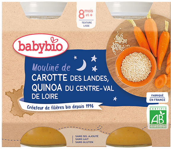 Babybio Repas Soir Pot Mouliné Carotte Quinoa +8m Bio 2 x 200g