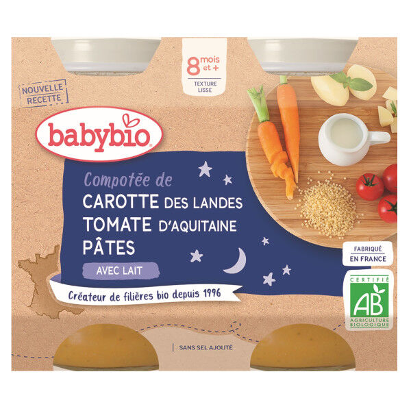Babybio Bonne Nuit Pot Compotée Carotte Tomate Pâtes +8m Bio 2 x 200g
