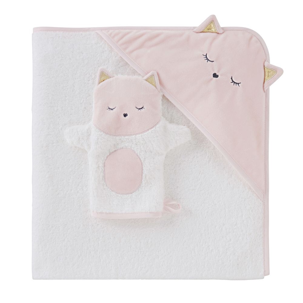 Maisons du Monde Sortie de bain bébé en coton blanche avec tête de chat 80x80