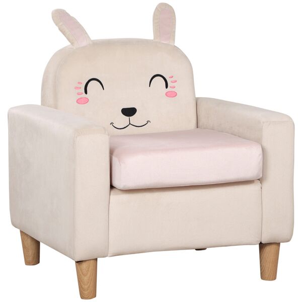 homcom poltroncina per bambini con design a coniglio e gambe in legno, 53x47x54.5cm, crema