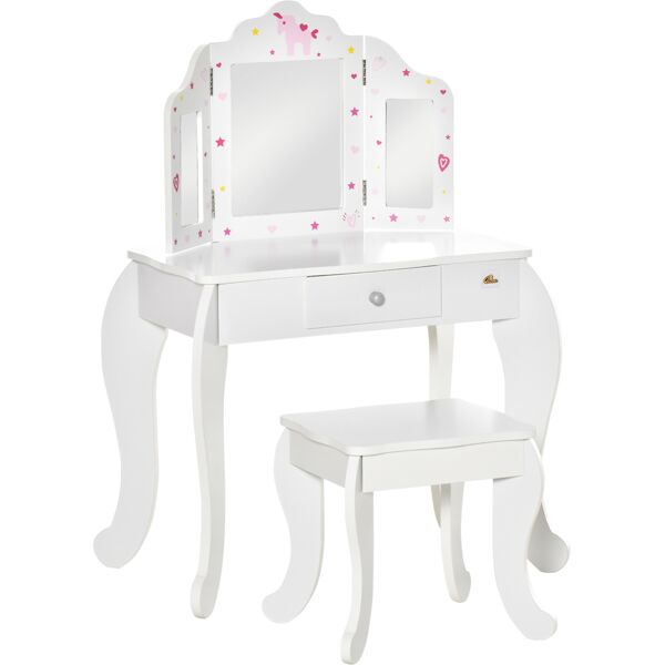 homcom toeletta per bambini con sgabello in legno, tavolo trucco con triplo specchio e cassetto, 63x40x85.5cm, bianco