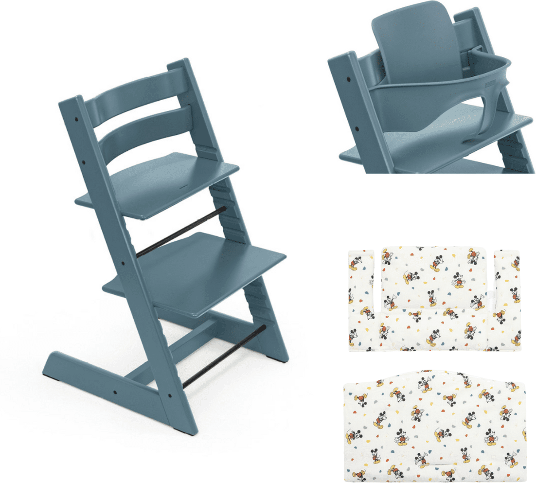 Stokke Promo Tripp Trapp con Cuscino e Baby Set Fjord Blue - Mickey Celebration