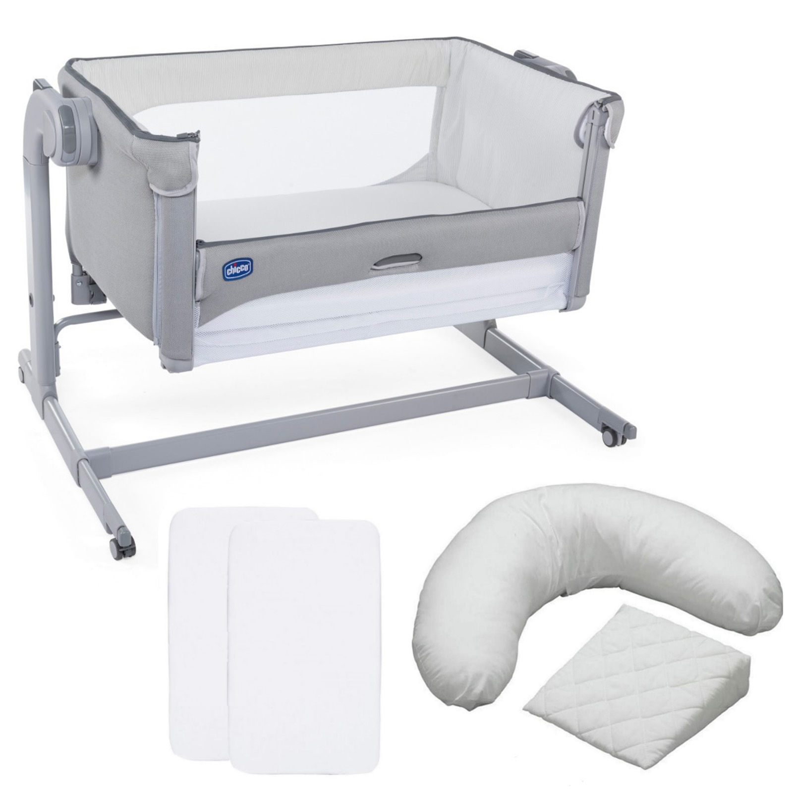 Chicco Next2Me Magic Bedside Crib, Sheets & Pillow Pack Bundle - Cool Grey