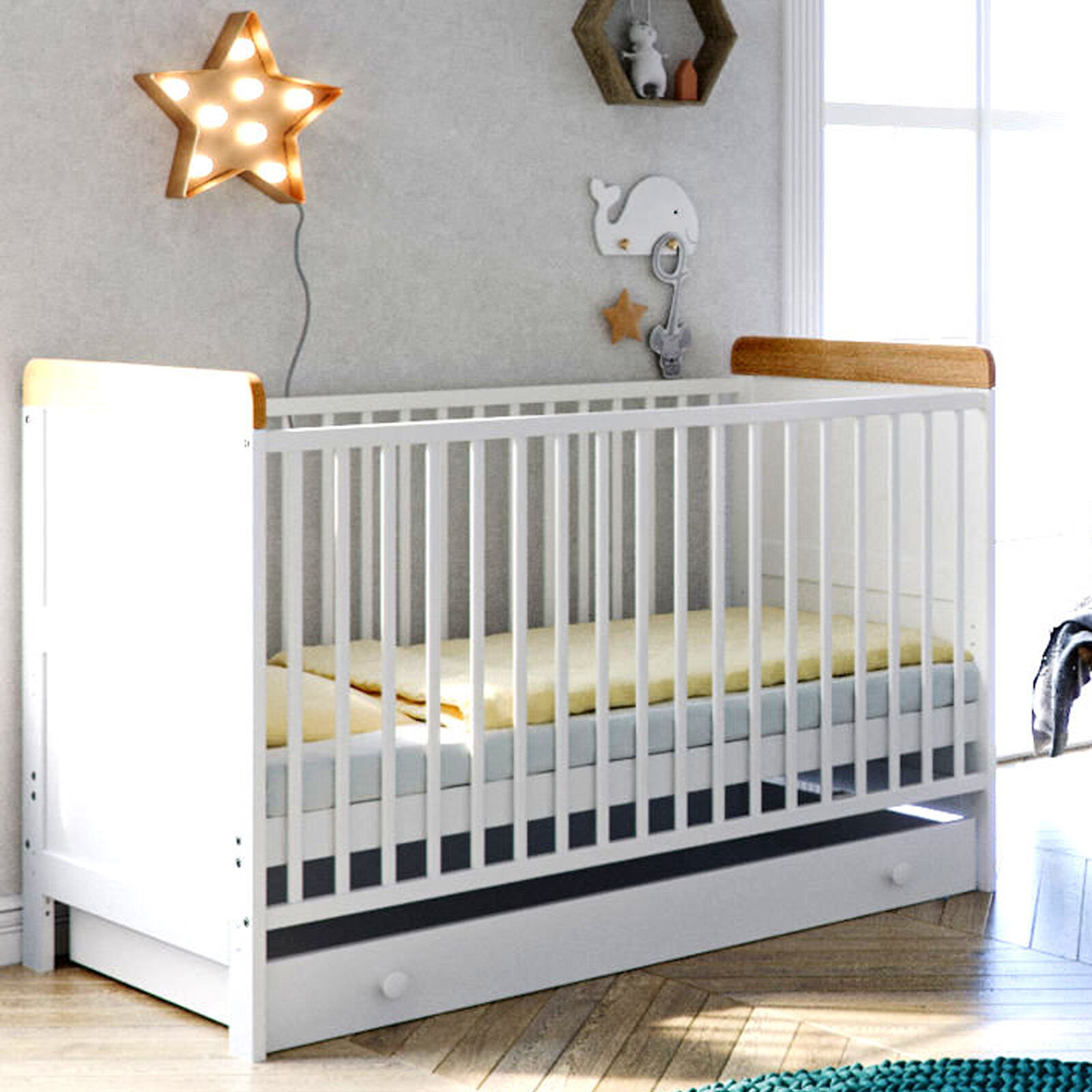 Little Acorns Classic Milano Cot Bed and Drawer - White & Oak