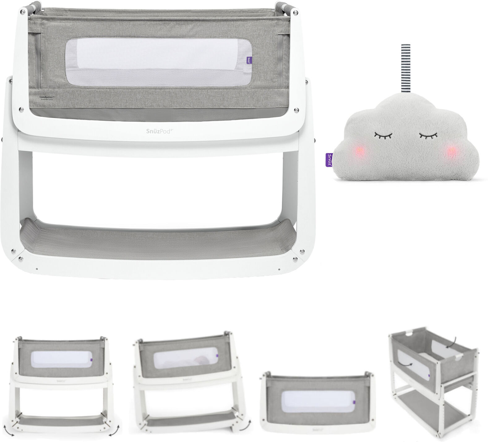 Snuz SnuzPod4 Bedside Crib 3 in 1 & Mattress With Free Snuzcloud Sleep Aid - Dusk Grey