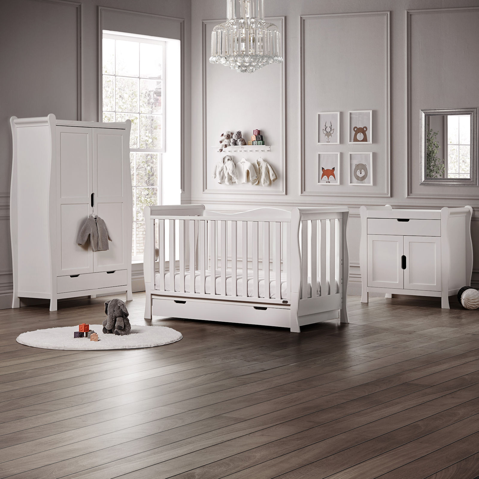 Puggle Prestbury Slatted Luxe Deluxe Sleigh 5pc Nursery Furniture Set with Drawer - White