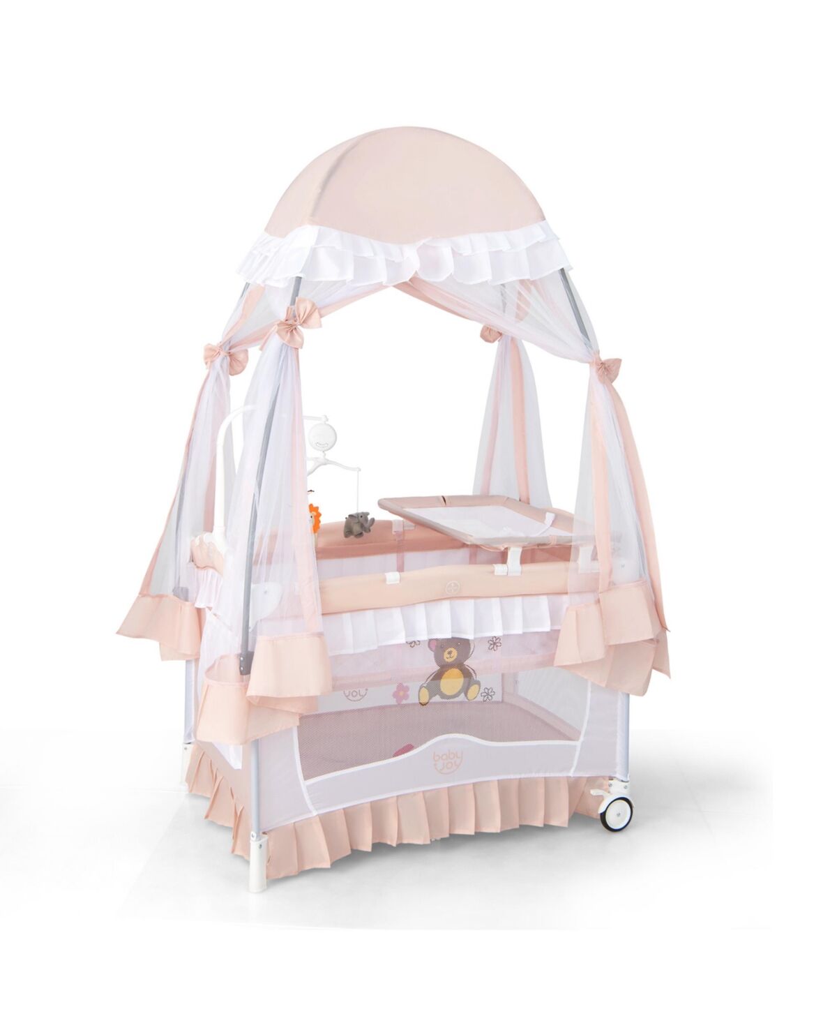 Costway Portable Baby Playpen Crib Cradle Bassinet Changing Pad Mosquito Net Toys w Bag - Ligth pink
