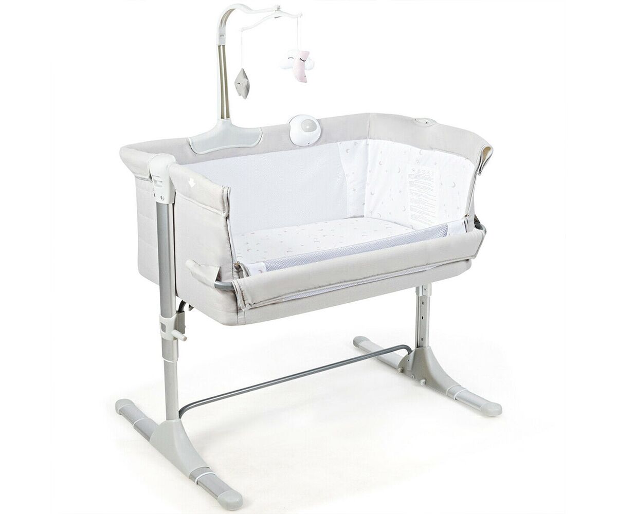 Slickblue Height Adjustable Baby Side Crib with Music Box & Toys - Light grey