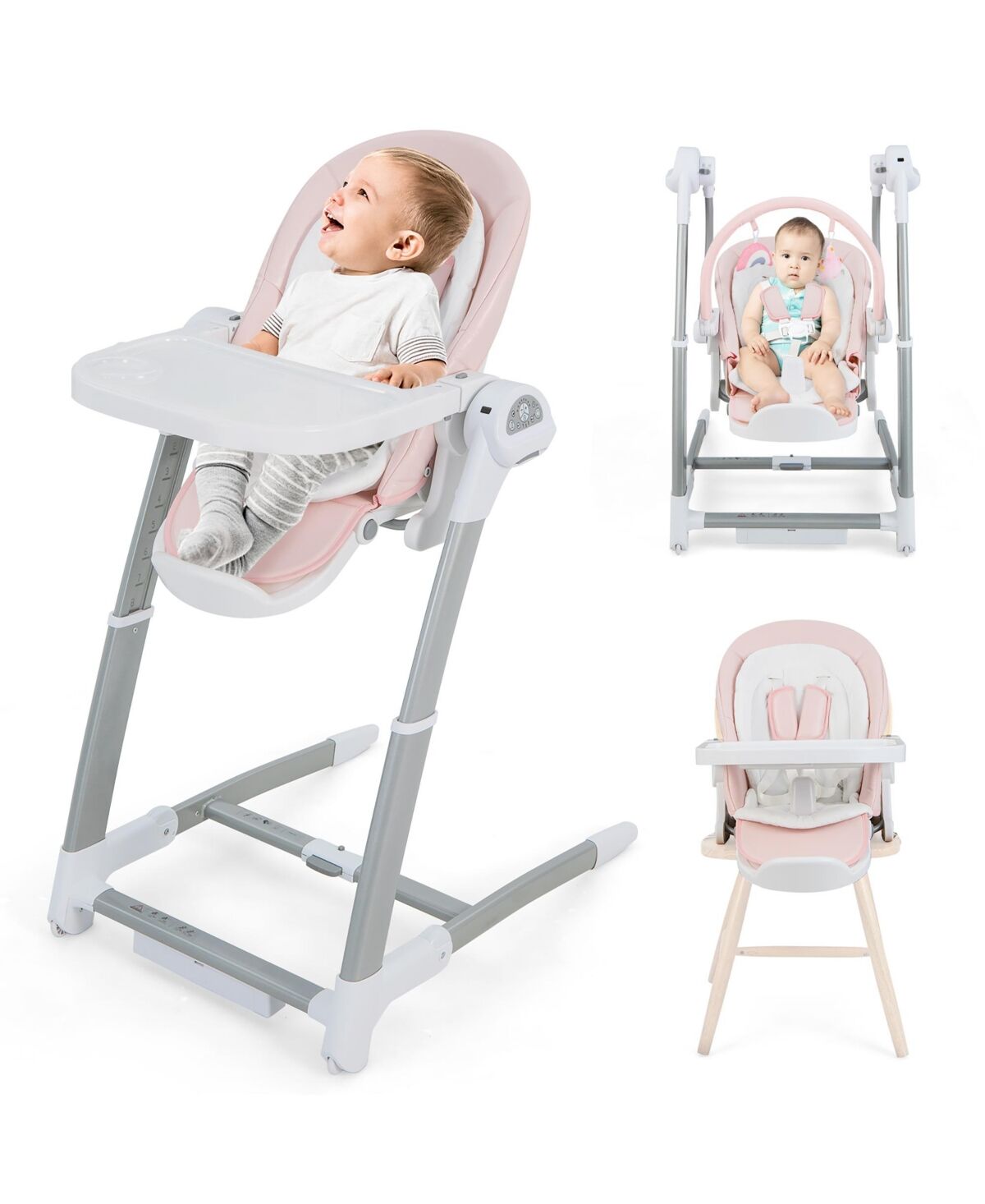 Costway 3-in-1 Baby Swing & High Chair with 8 Adjustable Heights & Music Box - Pink