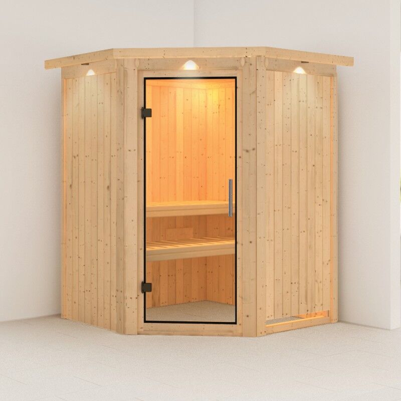 Karibu Sauna traditionnel d'angle LARIN 3 à 4 places 68mm avec couronne et porte en verre claire KARIBU