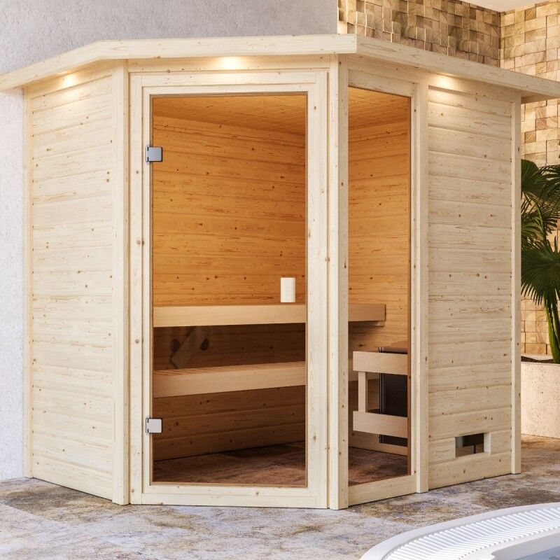 WoodFeeling Sauna traditionnel d'angle Jada 2 à 3 places 38mm avec couronne lumineuse - Woodfeeling