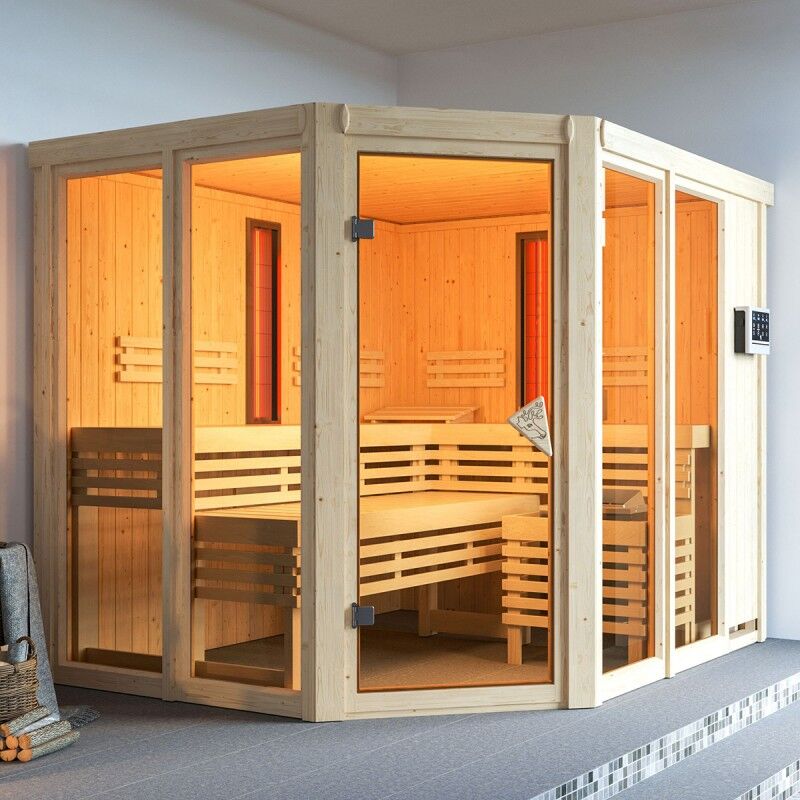 Karibu Sauna d'angle multifonctionnel AVA avec poêle Bio 9kW 4 à 5 places 68mm KARIBU