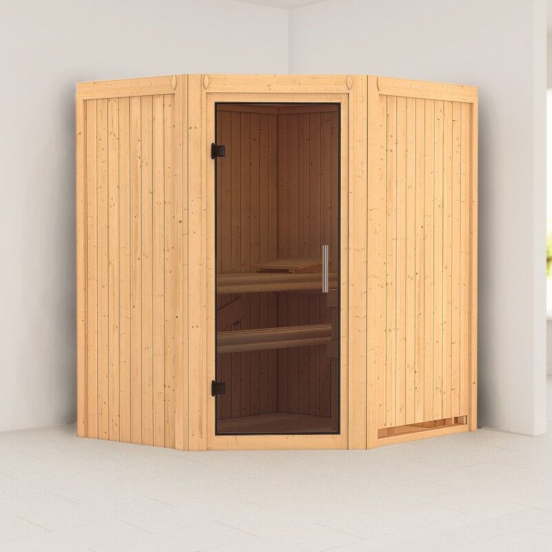 Karibu Sauna traditionnel d'angle TAURIN 2 à 3 places 68mm sans couronne - avec porte moderne KARIBU