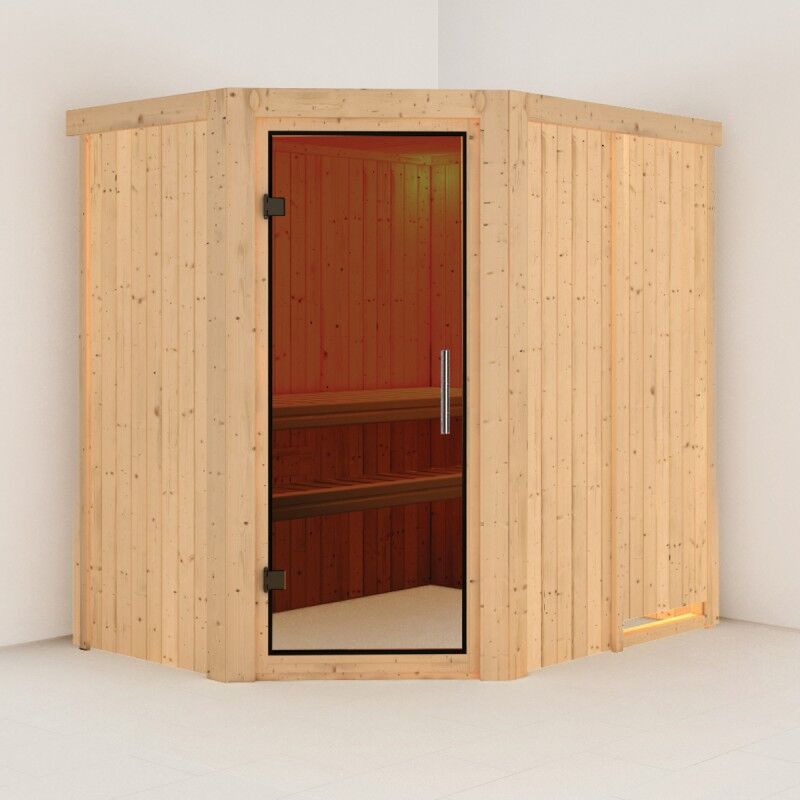 Karibu Sauna traditionnel d'angle CARIN 4 à 5 places 68mm sans couronne - avec porte moderne KARIBU