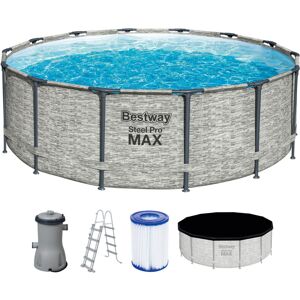 Bestway Steel Pro MAX™ Frame Pool Komplett-Set mit Filterpumpe Ø 427 x 122 cm, Steinwand-Optik (Cremegrau), rund - Grau