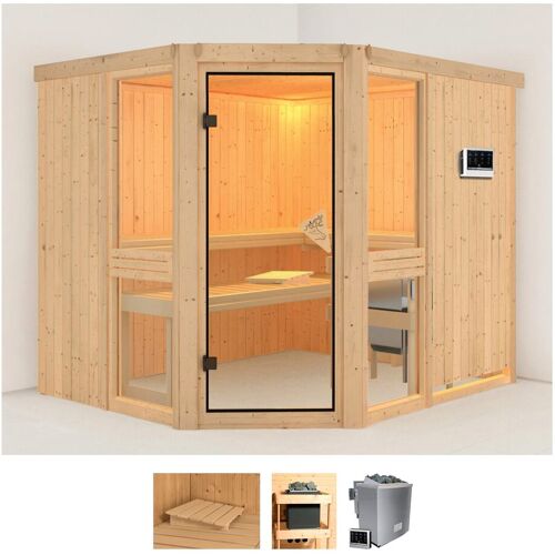 KARIBU Sauna „Aline 3“ Saunen 9-kW-Bio-Ofen mit externer Steuerung beige (naturbelassen) Saunen