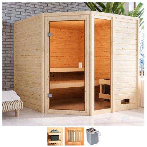 WELLTIME Sauna „Tally“ Saunen 9-kW-Ofen mit int. Steuerung beige (naturbelassen) Saunen